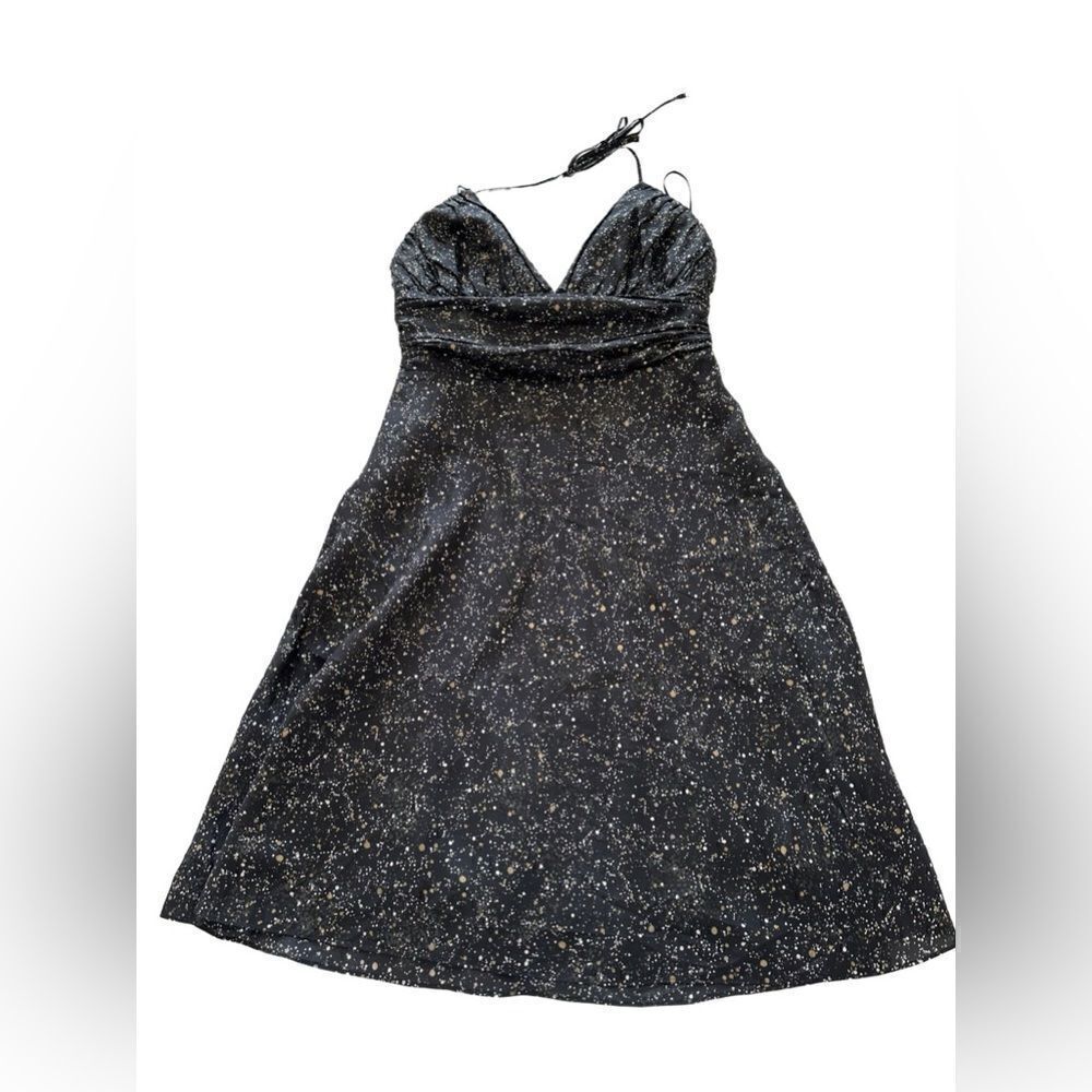 Express 100% Silk Black Gold White Speckled Empire Halter Sun Dress size 8